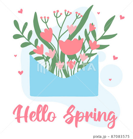 Cute postcard with an envelope with pink flowers and leaves. Spring envelope with flowers. Spring illustration. Spring postcard with lettering. Hand drawn style vector illustration. 87083575