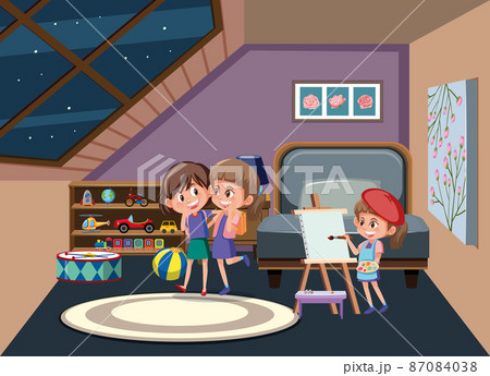 Attic room scene with happy children 87084038