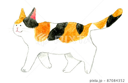 猫のかわいい手描き水彩イラスト 歩く横向きの三毛猫のイラスト素材