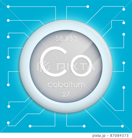 Realistic button with cobaltum symbol. Chemical element is cobalt. Vector isolated on white background 87084373