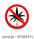 No drugs sign with red round crossed marijuana leave on white background. Not allowed alcohol symbol. Vector illustration in trendy round flat style. EPS 10 87085471