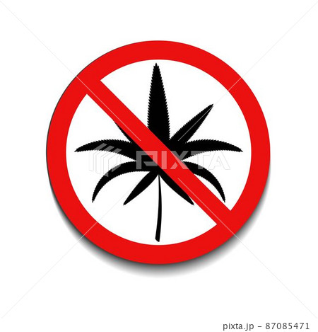 No drugs sign with red round crossed marijuana leave on white background. Not allowed alcohol symbol. Vector illustration in trendy round flat style. EPS 10 87085471