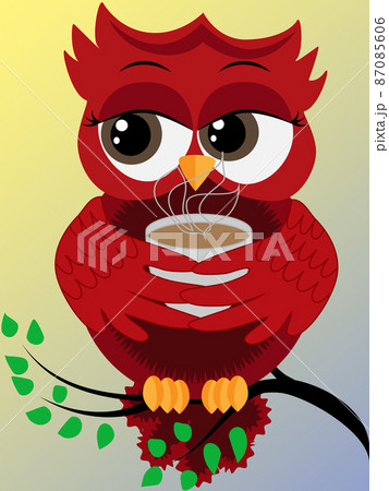 Cute beautiful flirtatious red owl on a branch with a cup of steaming coffee, tea or chocolate 87085606