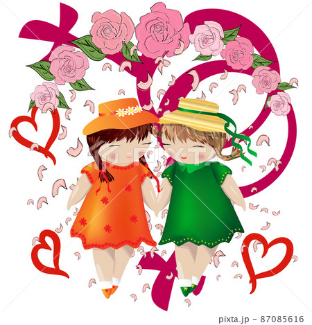 Lesbian couple. Two girls holding hands in a frame of roses, falling petals and the symbol of a gay couple. Wedding. Love of two women, homosexual love. Family of lesbians. LGBT couple 87085616