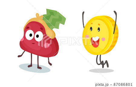 Funny purse and golden coin characters with smiling faces cartoon vector illustration 87086801
