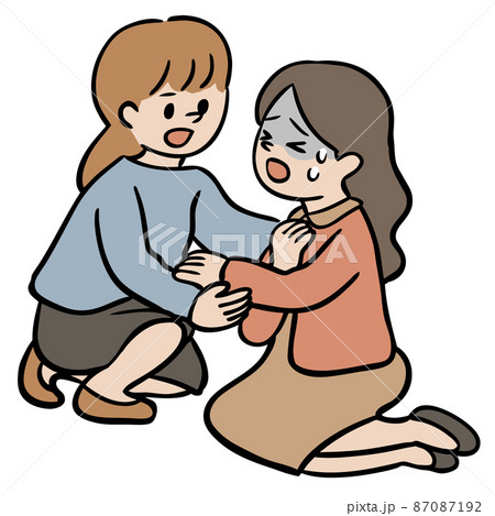 具合の悪い女性と声をかける女性 87087192