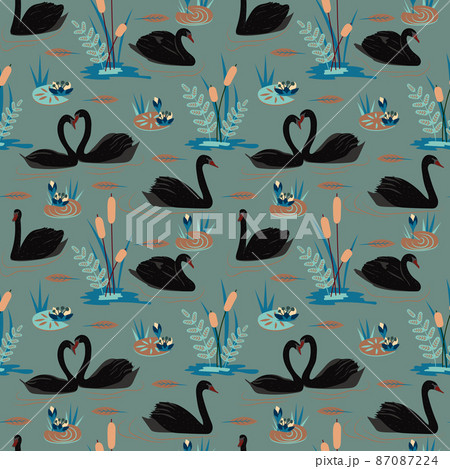 Colorful seamless pattern with gorgeous wild black swans floating on the lake. Vector illustration in flat cartoon style for wrapping paper, textile print, wallpaper 87087224