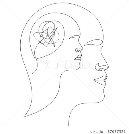 Continuous line, drawing of sad face inside happy face, minimalist concept of hidden depression and confusion, vector illustration. 87087521