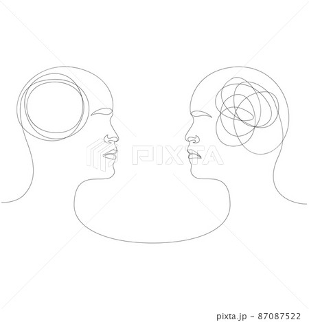 Two human heads with opposite thinking. The concept of chaos and order in thoughts. Vector illustration of continuous linear drawing in one line 87087522