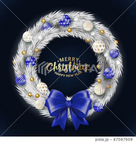 Creativity Christmas wreath made of white twigs of a Christmas tree with balls and a satin blue bow. Blank for a greeting card with the inscription - Merry Christmas and New Year. Vector 87087609