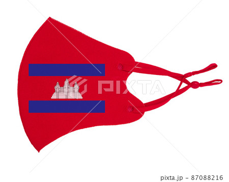 Red cotton reusable cloth protective mask looks as flag of Kingdom of Cambodia on white background. 87088216