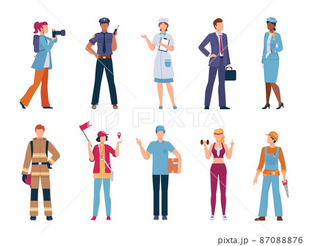 People professions and occupations, policeman, fireman, repair worker and doctor. Flat male and female characters in job uniform vector set 87088876