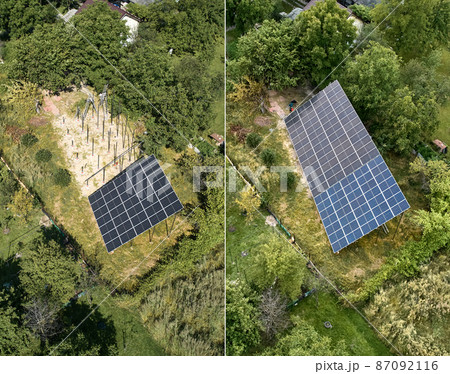 Aerial view of photovoltaic solar panels in grassy field before and after installation. Photo collage of male workers installing solar modules on metal structure and installed solar panel system. Aerial view of photovoltaic solar panels in grassy field before and after installation. Photo collage of male workers installing solar modules on metal structure and installed solar panel system. 87092116