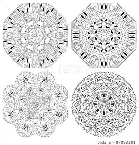 Hand drawn zentangle set of 4 mandalas for coloring page. Hand drawn zentangle set of 4 mandalas for coloring page. 87093381