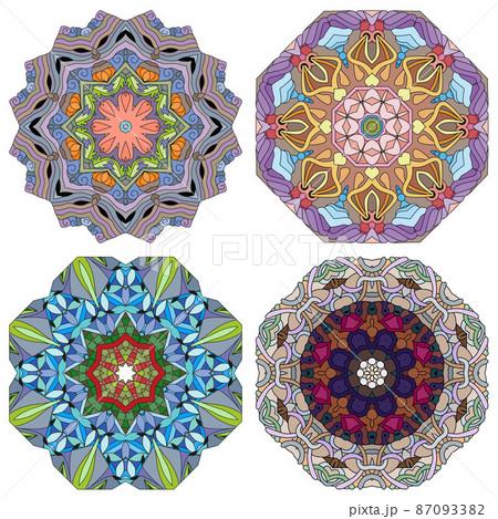 Hand drawn zentangle set of 4 color mandalas for decoration 87093382