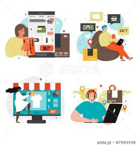 Online shopping set. Internet store, ecommerce, electronic payments, international delivery, worldwide shipping, vector Online shopping set. Internet store, ecommerce, electronic payments, international delivery, worldwide shipping, vector 87093548