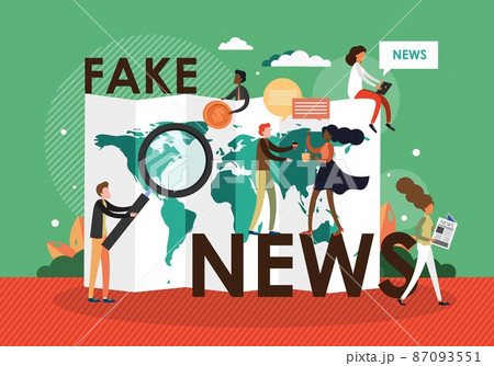 Fake news and information fabrication. People reading false news from newspaper, social media posts, websites, vector. Fake news and information fabrication. People reading false news from newspaper, social media posts, websites, vector. 87093551