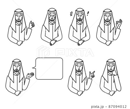 トープ姿のアラブ系男性の表情バリエーションの白背景に線画のシンプルなイラスト 87094012