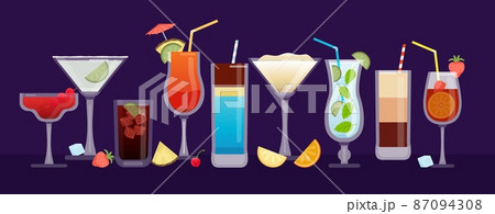 Alcohol cocktails banner with drinks in glasses, fruit and ice cubes. Bar or club tropical cocktail party. Summer beverage vector background Alcohol cocktails banner with drinks in glasses, fruit and ice cubes. Bar or club tropical cocktail party. Summer beverage vector background 87094308