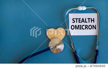 New Covid-19 stealth omicron variant strain symbol. White card, words Stealth Omicron, stethoscope, blue background. Wooden heart. Medical covid-19 stealth omicron variant strain concept, copy space. 87094600