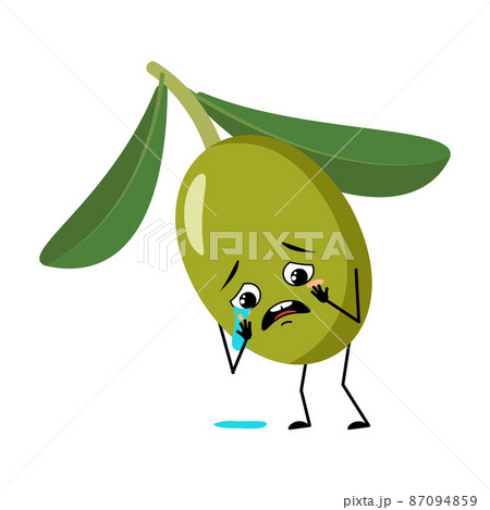 Olive character with crying and tears emotion, sad face, depressive eyes. Person with melancholy expression, fruit emoticon. Vector flat illustration 87094859