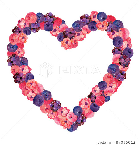 Watercolor berry heart shaped frame border with copy space. Kidcore cute vintage papercut background. Good for Valentines day cards, stickers, wedding invitations or farmers market decor Watercolor berry heart shaped frame border with copy space. Kidcore cute vintage papercut background. Good for Valentines day cards, stickers, wedding invitations or farmers market decor 87095012