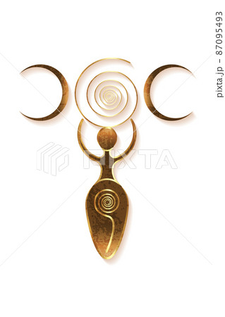 Old Triple goddess of fertility, Wiccan Pagan Symbols, The spiral cycle of life, death and rebirth. Wicca woman mother earth symbol of sexual procreation, gold vector isolated on white background Old Triple goddess of fertility, Wiccan Pagan Symbols, The spiral cycle of life, death and rebirth. Wicca woman mother earth symbol of sexual procreation, gold vector isolated on white background 87095493