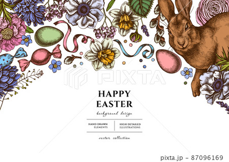 Easter hand drawn illustration design. Background with retro rabbit, eggs, willow branches, candies Easter hand drawn illustration design. Background with retro rabbit, eggs, willow branches, candies 87096169
