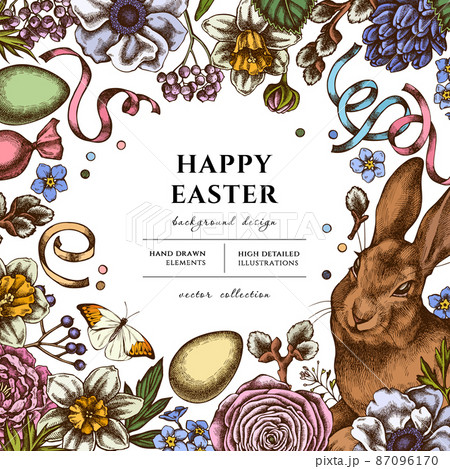 Easter hand drawn illustration design. Background with retro rabbit, eggs, willow branches, candies Easter hand drawn illustration design. Background with retro rabbit, eggs, willow branches, candies 87096170