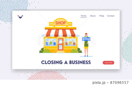 Closing a Business Landing Page Template. Bankruptcy during Coronavirus Pandemic Crisis, Shop Owner with Closed Sign 87096557