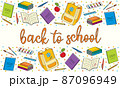 Bright line art illustration with studying at school symbols. Background with back to school congratulations 87096949