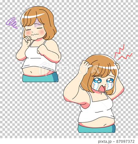 ボブヘアの太った女性が落ち込んでいるイラスト 87097372