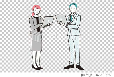 Business person men and women who have a personal computer while standing Business person men and women who have a personal computer while standing 87099420