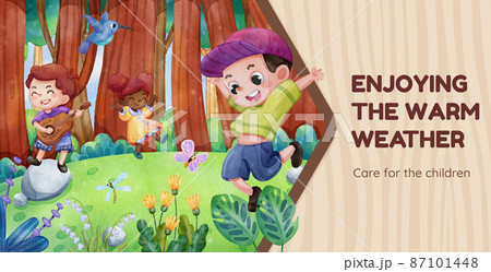 Billboard template with children enjoy in spring,watercolor style Billboard template with children enjoy in spring,watercolor style 87101448