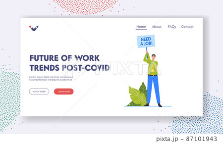 Post Covid Trends, Future of Work Landing Page Template. Unemployment after Lockdown, Unemployed Character Need Job 87101943