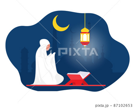 Ramadan night with Muslim Female character sitting on her knees, pray ,asking God for help. Faith, religion, trouble conceptvector Ramadan night with Muslim Female character sitting on her knees, pray ,asking God for help. Faith, religion, trouble conceptvector 87102653