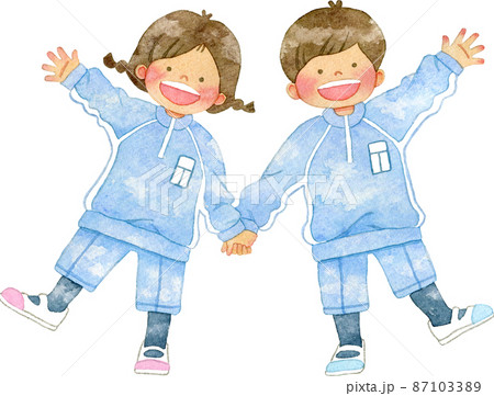 体操着を着て手をつなぐ笑顔の子供たちのイラストのイラスト素材