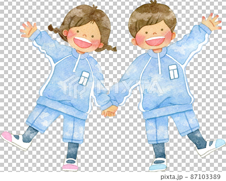 体操着(ジャージ)を着て手をつなぐ笑顔の子供たちのイラスト 87103389