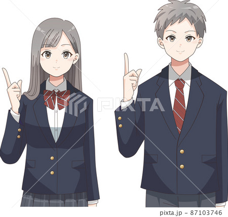 指差しポーズ 笑顔の男女の学生 ブレザー服チェック柄 指差しポーズ 笑顔の男女の学生 ブレザー服チェック柄 87103746
