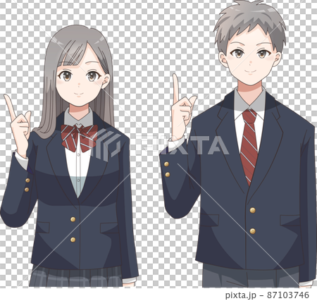 指差しポーズ 笑顔の男女の学生 ブレザー服チェック柄 指差しポーズ 笑顔の男女の学生 ブレザー服チェック柄 87103746