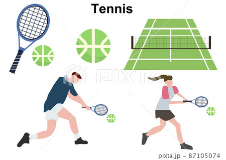 テニス イラストセット ラケット ボール テニスコート 男性 女性 打つ ショット 部活 のイラスト素材