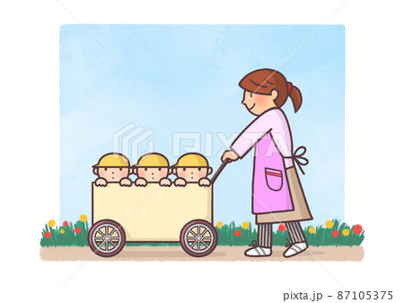 お散歩カートに子供たちを乗せて散歩する若い女性保育士 背景あり のイラスト素材