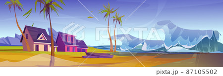 Tsunami wave at tropical beach with cottage, trees Tsunami wave at tropical beach with cottage, trees 87105502