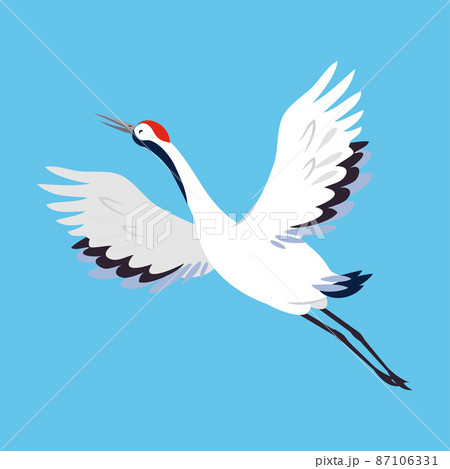 Red Crowned Crane as Long-legged and Long-necked Bird Flying with Spread Wings on Blue Background Vector Illustration 87106331
