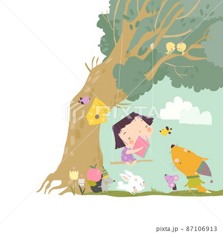 Little Girl reading Book with Cute Animals 87106913