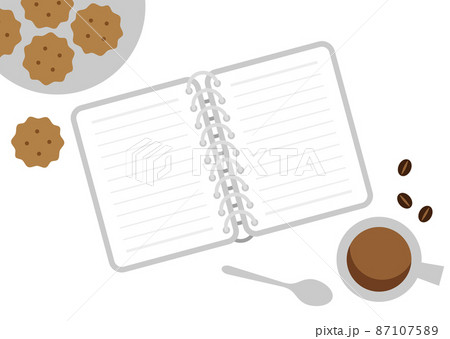 カフェとノートとコーヒーカップのイラスト カフェとノートとコーヒーカップのイラスト 87107589