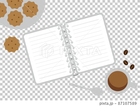カフェとノートとコーヒーカップのイラスト カフェとノートとコーヒーカップのイラスト 87107589