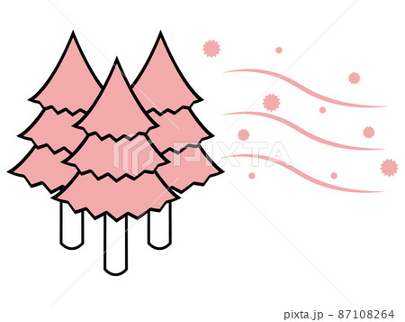 杉の木と風に乗って拡散されるスギ花粉　ピンク 87108264