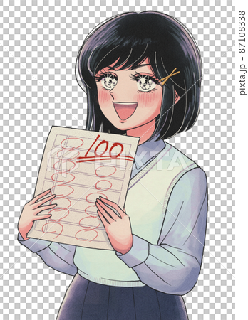 A retro cartoon-style girl student who is pleased with 100 answers 87108338
