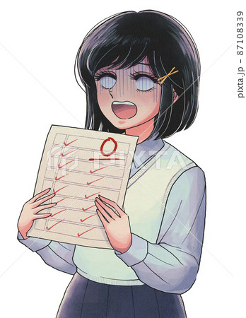 0点の答案を持って落ち込むレトロ漫画調の女子生徒 87108339